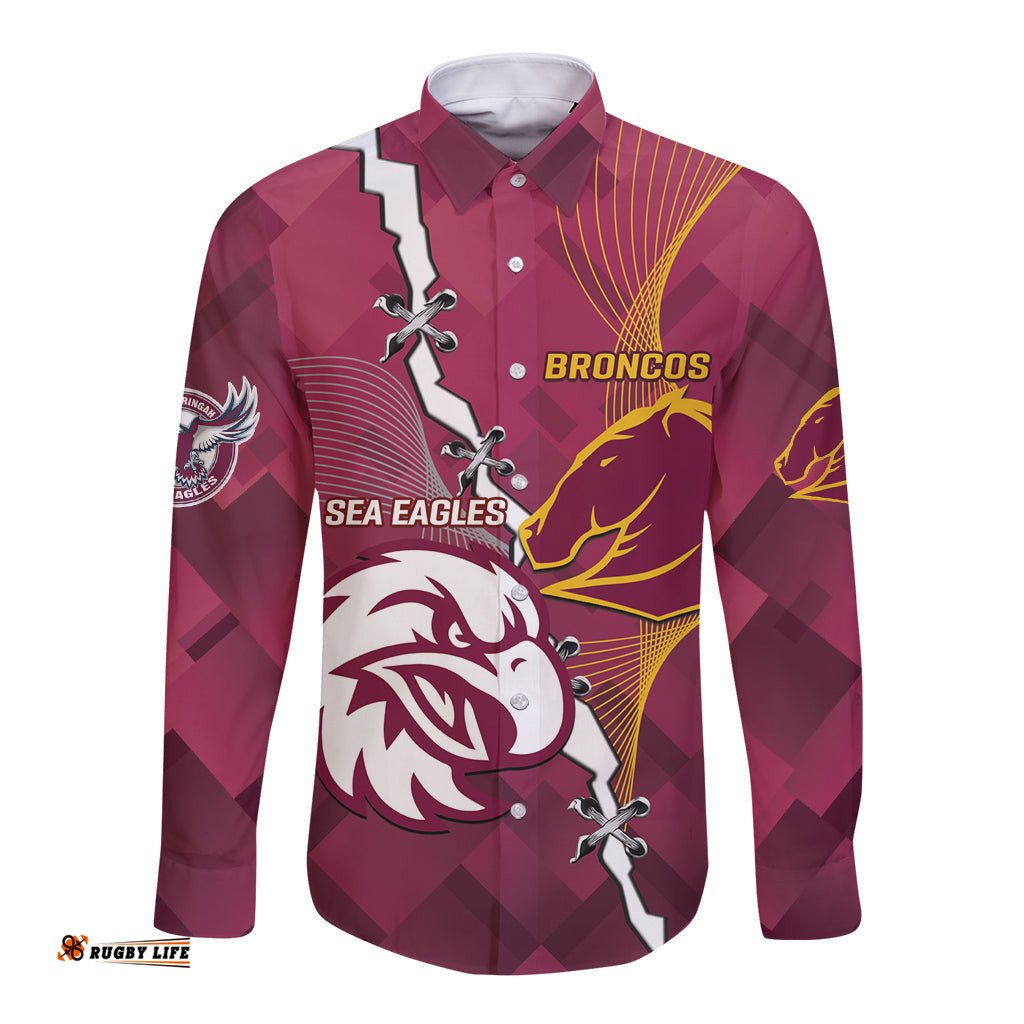 Personalised Broncos And Eagles Rugby Long Sleeve Button Shirt Sporty Version