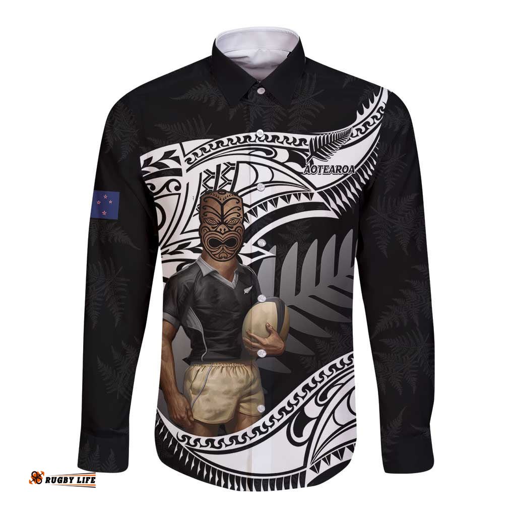 Custom New Zealand Silver Fern Rugby Long Sleeve Button Shirt 2024 Aotearoa Maori Mascot Go All Black