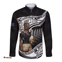 Custom New Zealand Silver Fern Rugby Long Sleeve Button Shirt 2024 Aotearoa Maori Mascot Go All Black