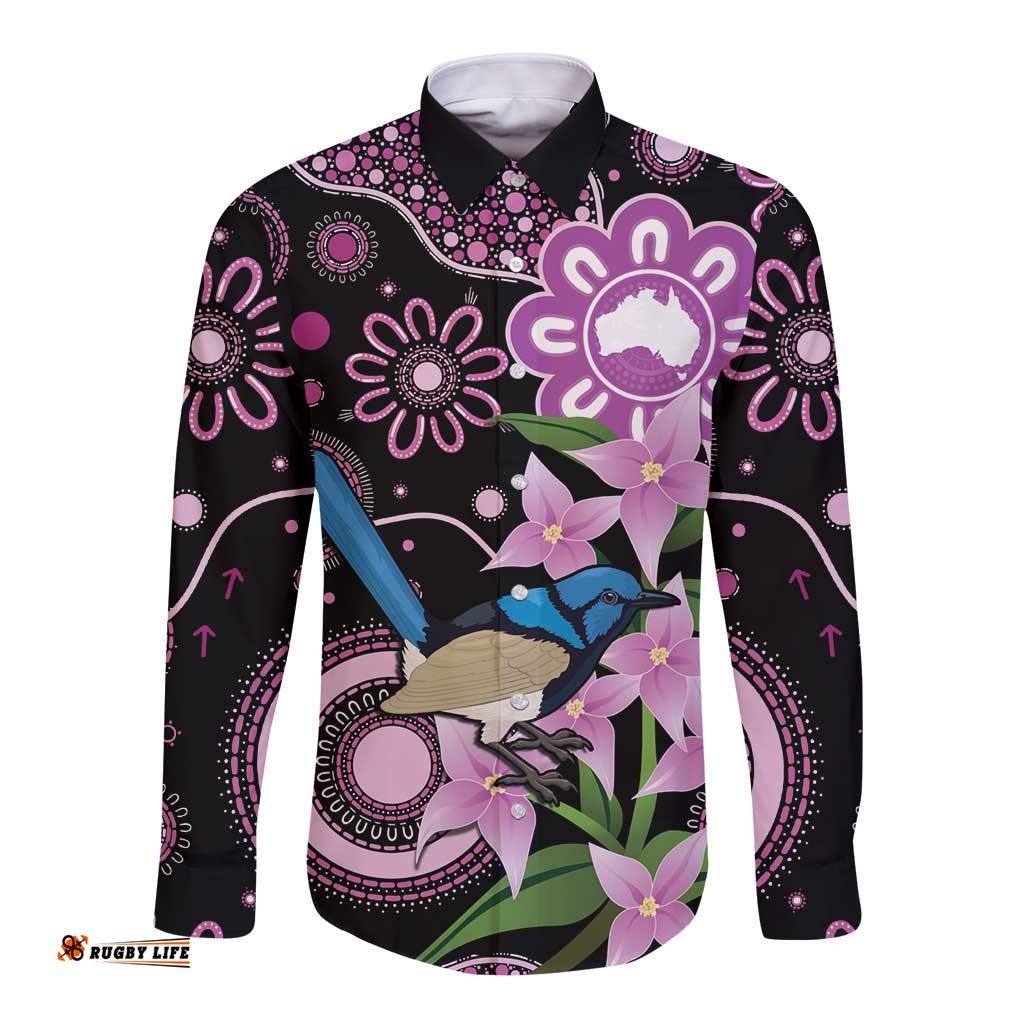Personalised Australia Boronia And Malurus Cyaneus Long Sleeve Button Shirt Aboriginal Art