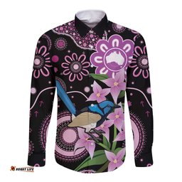 Personalised Australia Boronia And Malurus Cyaneus Long Sleeve Button Shirt Aboriginal Art