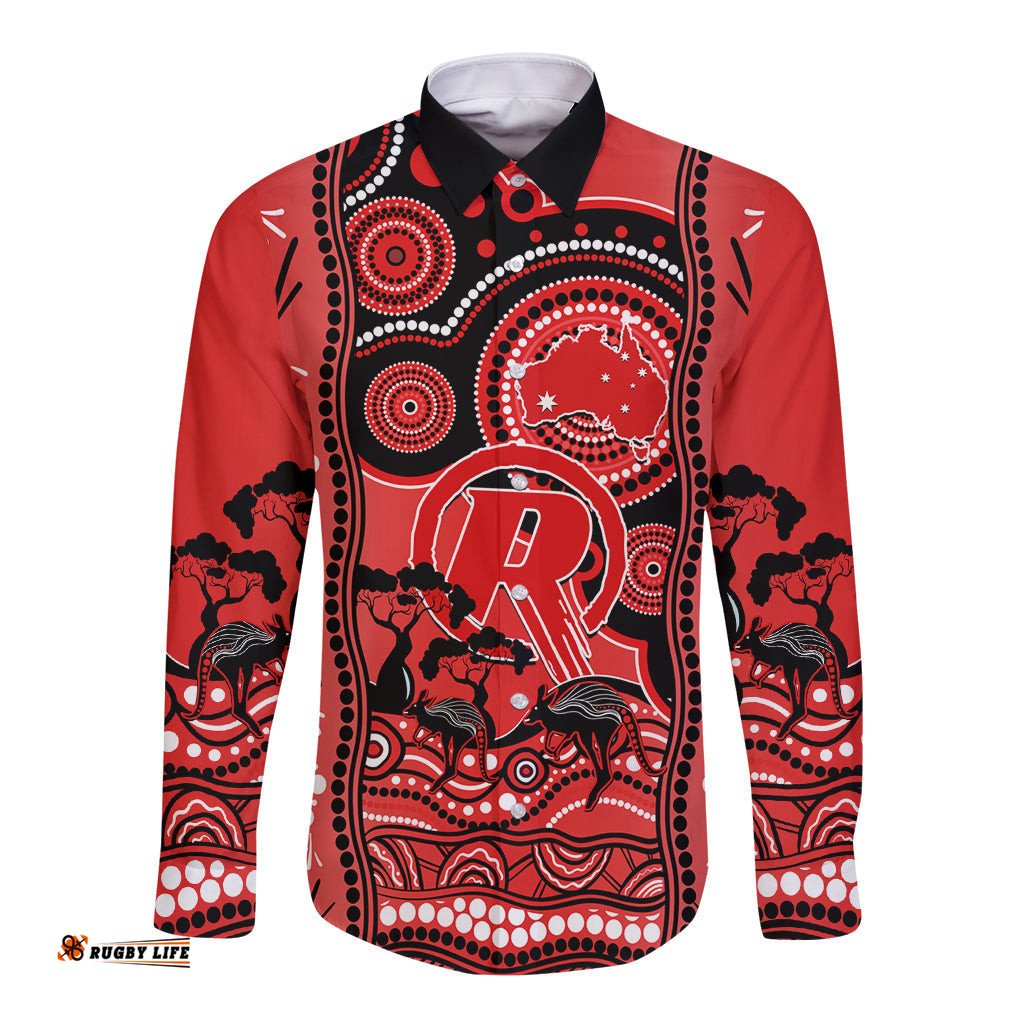 Custom Melbourne Renegades Cricket Long Sleeve Button Shirt Happy Australia Day Aboriginal Art