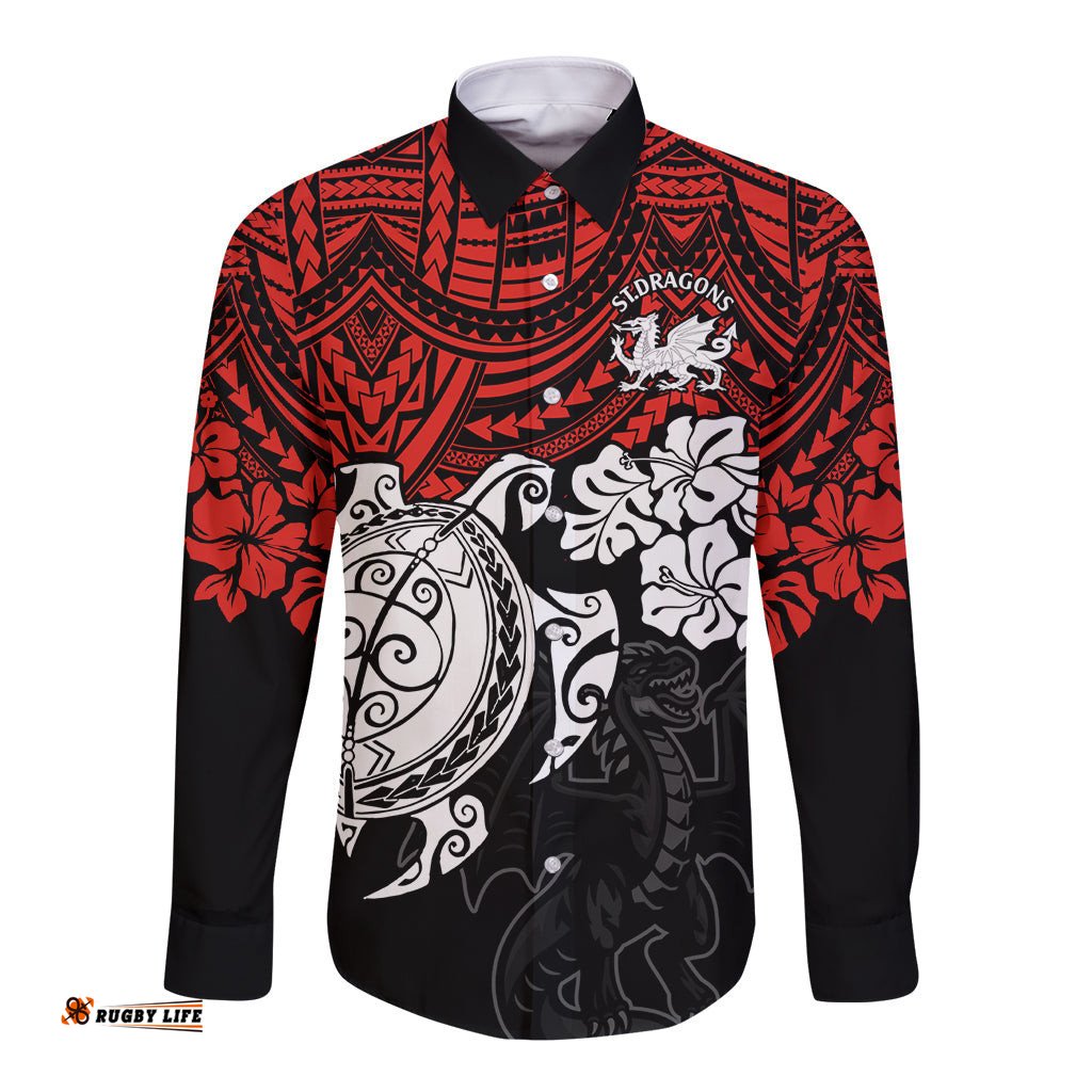Custom Dragons Rugby Long Sleeve Button Shirt Red V Hibiscus and Turtle With Polynesian Pattern