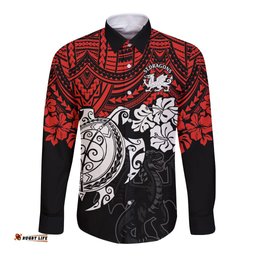 Custom Dragons Rugby Long Sleeve Button Shirt Red V Hibiscus and Turtle With Polynesian Pattern