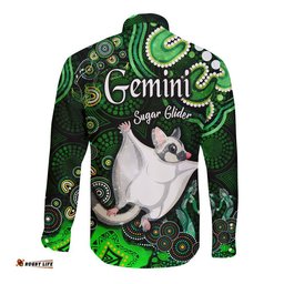 Australian Astrology Hawaii Long Sleeve Button Shirt Gemini Sugar Glider Zodiac Aboriginal Vibes Green