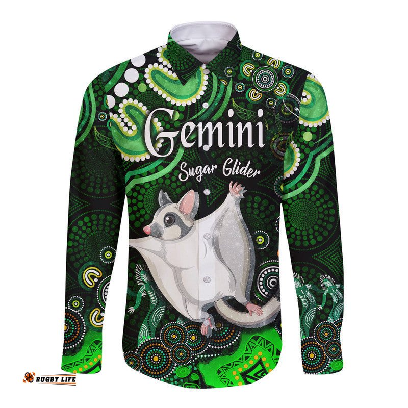 Australian Astrology Hawaii Long Sleeve Button Shirt Gemini Sugar Glider Zodiac Aboriginal Vibes Green