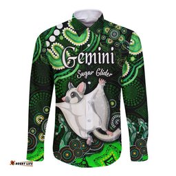 Australian Astrology Hawaii Long Sleeve Button Shirt Gemini Sugar Glider Zodiac Aboriginal Vibes Green