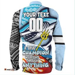 Cronulla-Sutherland Sharks Grand Final Long Sleeve Button Shirt - A True Champion Will Fight Through Anything With Polynesian Patterns