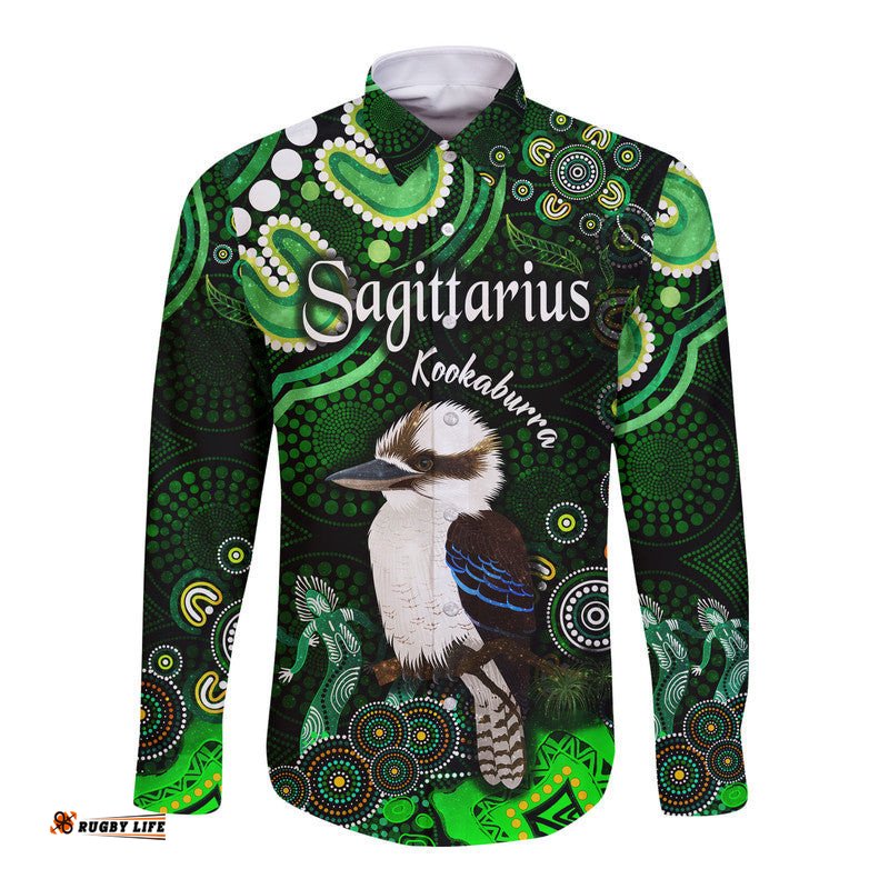 Australian Astrology Hawaii Long Sleeve Button Shirt Sagittarius Kookaburra Zodiac Aboriginal Vibes Green