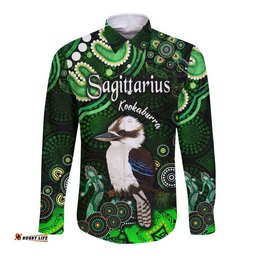 Australian Astrology Hawaii Long Sleeve Button Shirt Sagittarius Kookaburra Zodiac Aboriginal Vibes Green