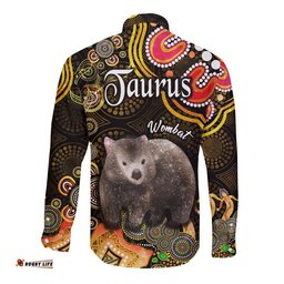 Australian Astrology Hawaii Long Sleeve Button Shirt Taurus Wombat Zodiac Aboriginal Vibes Gold
