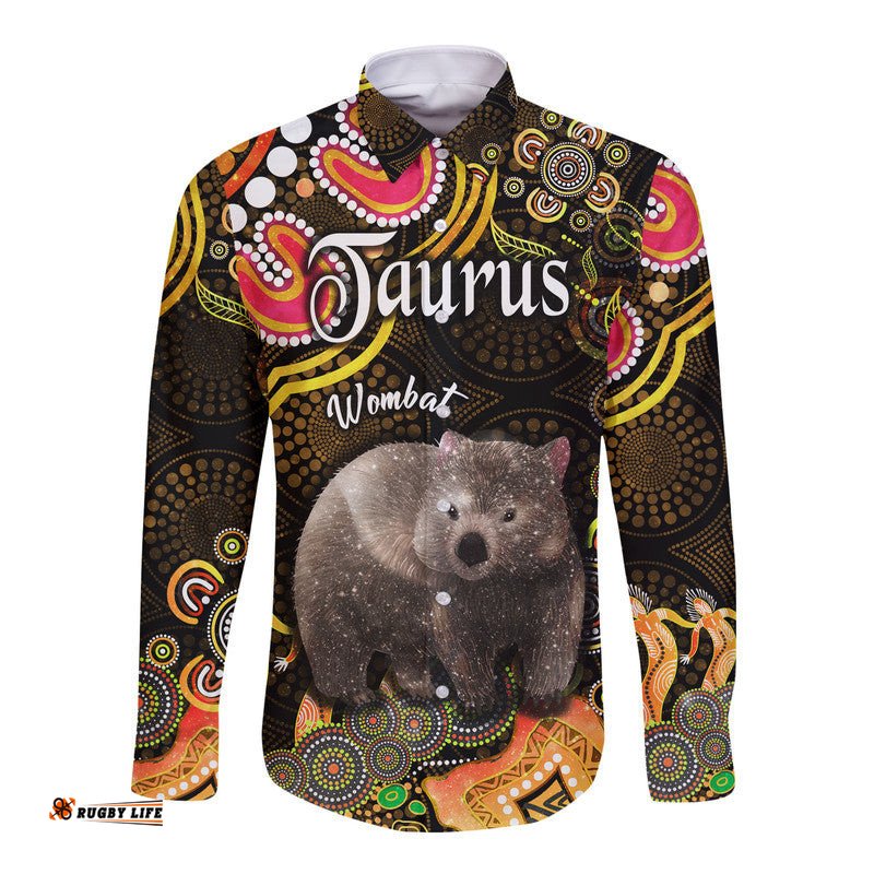 Australian Astrology Hawaii Long Sleeve Button Shirt Taurus Wombat Zodiac Aboriginal Vibes Gold