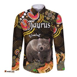 Australian Astrology Hawaii Long Sleeve Button Shirt Taurus Wombat Zodiac Aboriginal Vibes Gold