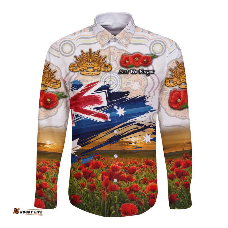 Custom Personalised Australia Aboriginal ANZAC Hawaii Long Sleeve Button Shirt Poppy Vibes White