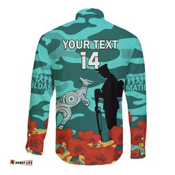 Custom Matildas ANZAC Day Long Sleeve Button Shirt Lest We Forget Poppies Mix Camouflage Turquoise