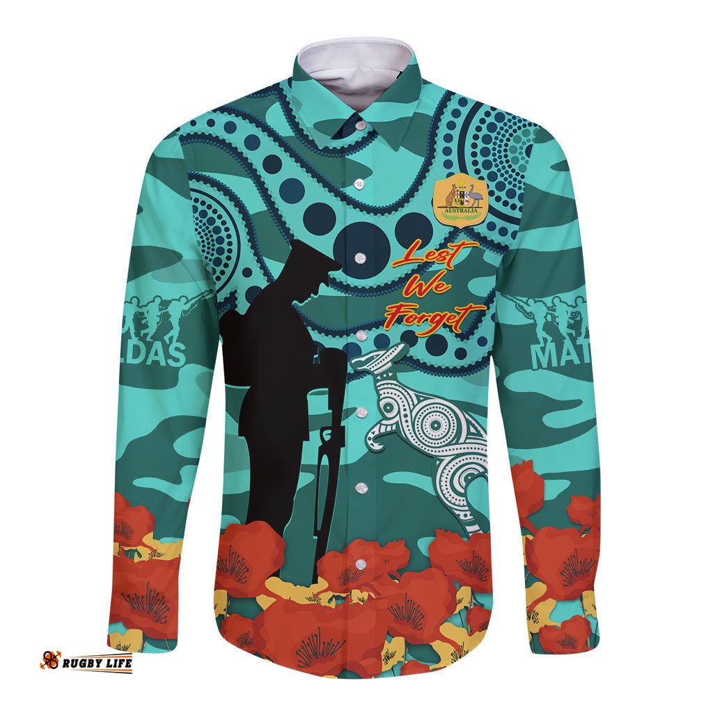 Custom Matildas ANZAC Day Long Sleeve Button Shirt Lest We Forget Poppies Mix Camouflage Turquoise