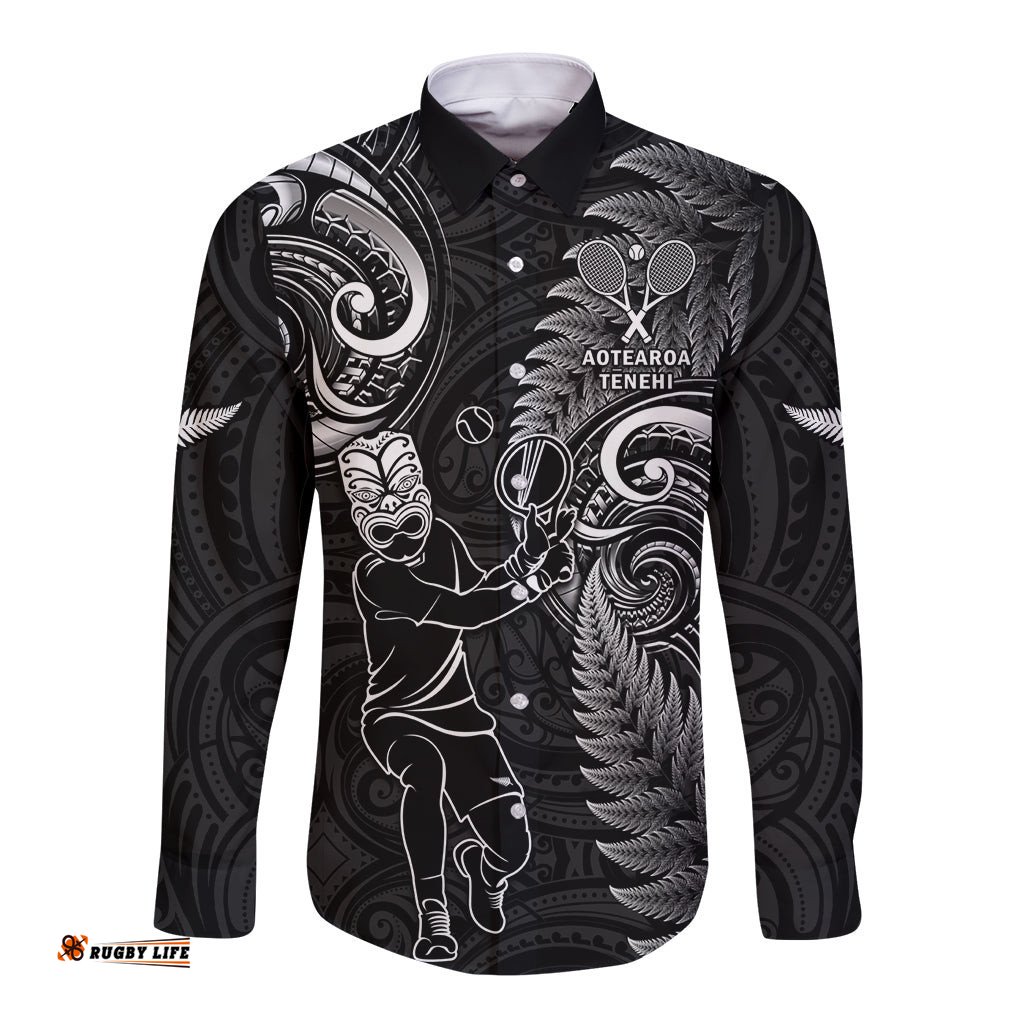 New Zealand Tiki Tennis Long Sleeve Button Shirt 2024 Aotearoa Tenehi Maori Silver Fern Black