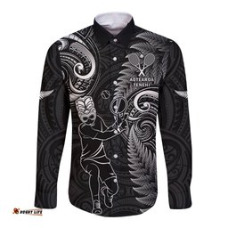 New Zealand Tiki Tennis Long Sleeve Button Shirt 2024 Aotearoa Tenehi Maori Silver Fern Black