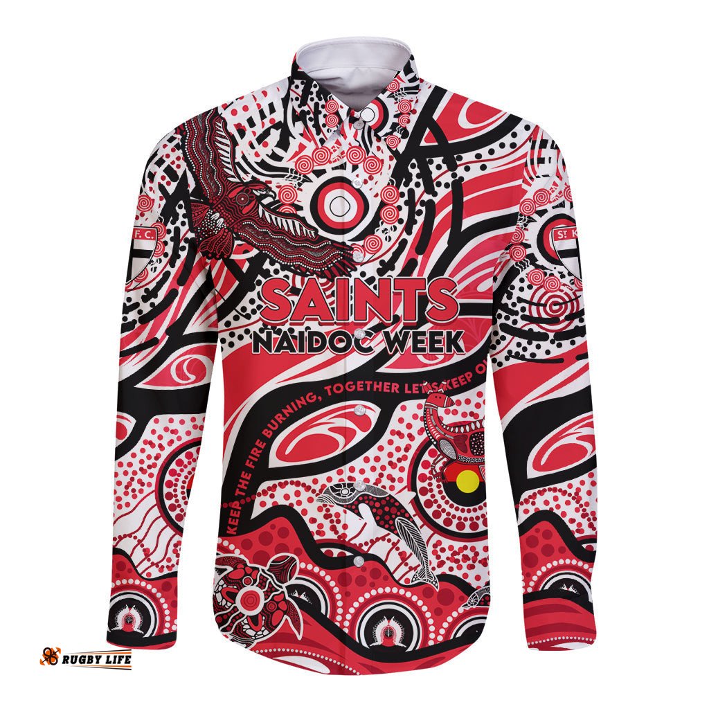 Custom NAIDOC Week 2024 Saints Long Sleeve Button Shirt Aboriginal Animals Keep The Fire Burning