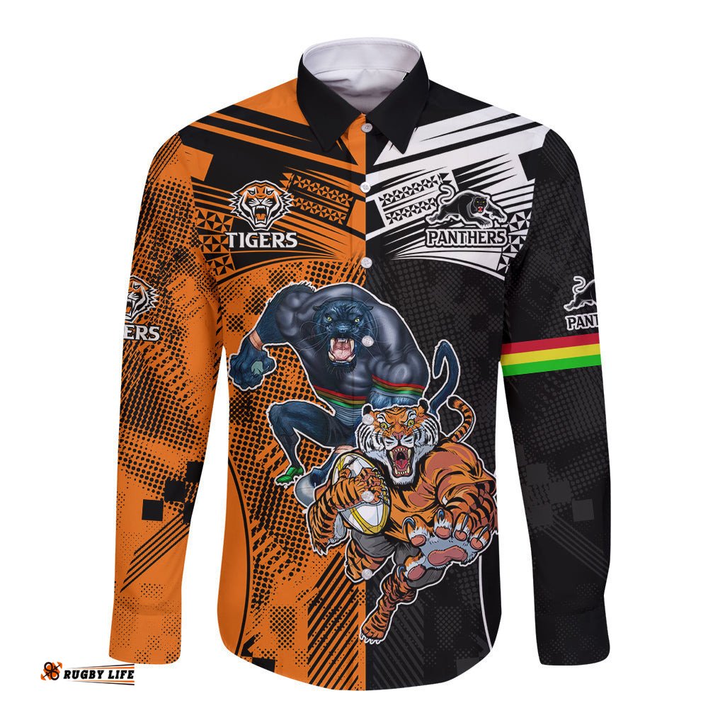 NRL Tigers Combine Panthers Rugby Long Sleeve Button Shirt Sporty Style