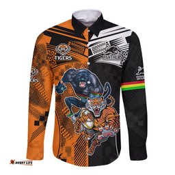 NRL Tigers Combine Panthers Rugby Long Sleeve Button Shirt Sporty Style