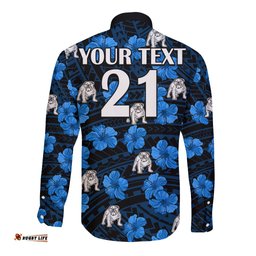 Custom Text And Number Bulldogs Rugby Long Sleeve Button Shirt Polynesian Style With Hibiscus