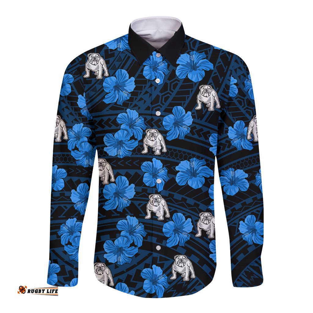 Custom Text And Number Bulldogs Rugby Long Sleeve Button Shirt Polynesian Style With Hibiscus