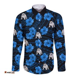 Custom Text And Number Bulldogs Rugby Long Sleeve Button Shirt Polynesian Style With Hibiscus