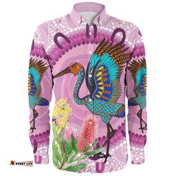 Amazing Aussie Australia Aboriginal Brolga Bird Dancing With Australia Native Flowers Long Sleeve Shirt