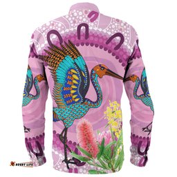 Amazing Aussie Australia Aboriginal Brolga Bird Dancing With Australia Native Flowers Long Sleeve Shirt