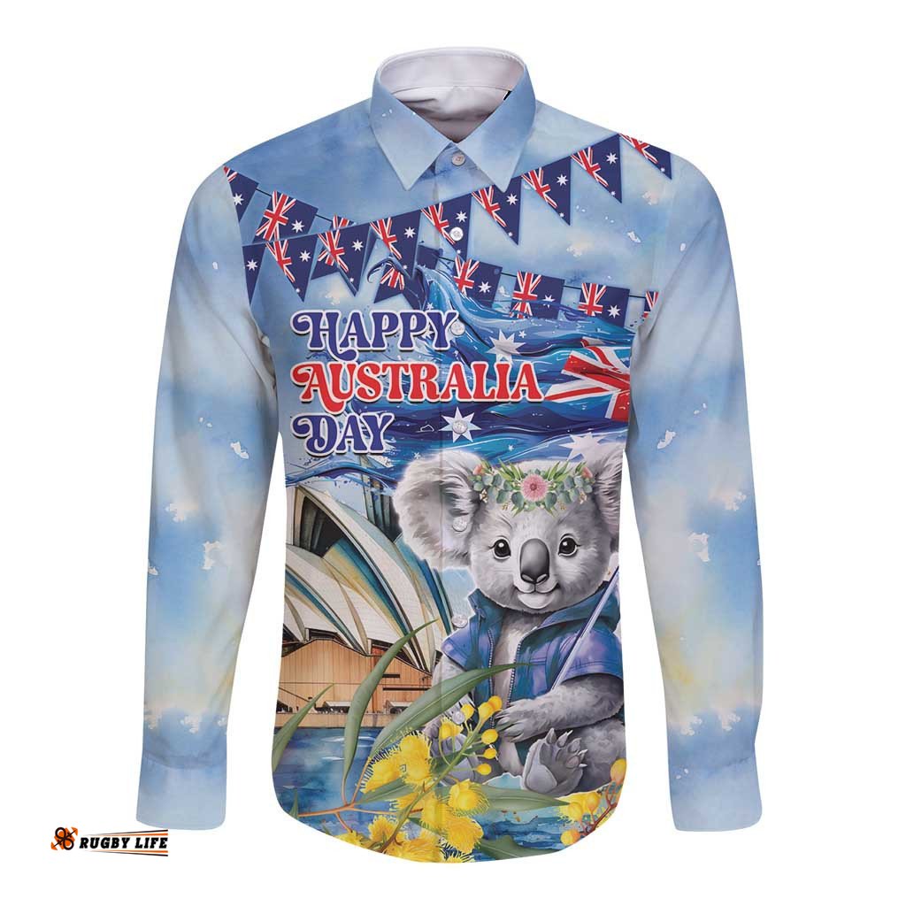 Koala Australia Day Long Sleeve Button Shirt Proud Aussie Sydney Opera House