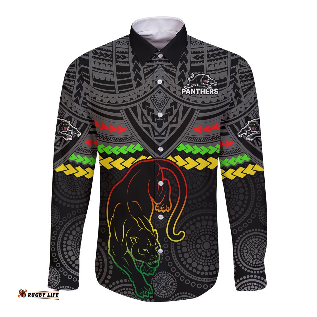 Panthers Rugby Long Sleeve Button Shirt Polynesian and Aboriginal Vibe