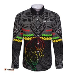 Panthers Rugby Long Sleeve Button Shirt Polynesian and Aboriginal Vibe