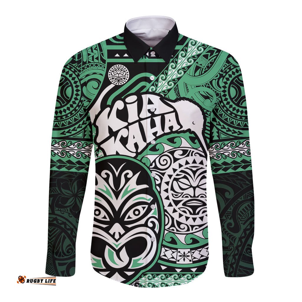 Te Reo Maori New Zealand Long Sleeve Button Shirt Aotearoa Kia Haka Maori Tribal Tattoo Green Style