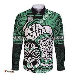Te Reo Maori New Zealand Long Sleeve Button Shirt Aotearoa Kia Haka Maori Tribal Tattoo Green Style