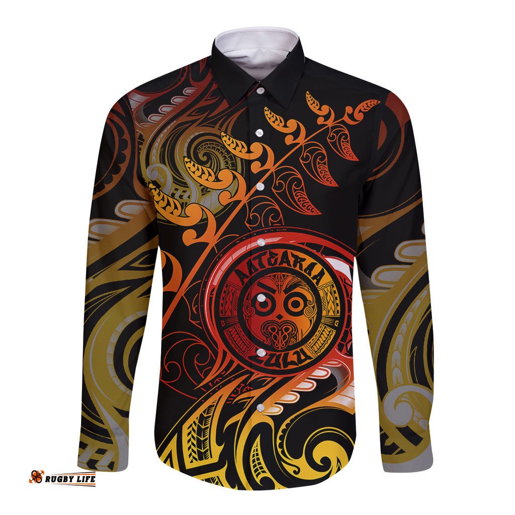 New Zealand Long Sleeve Button Shirt Aotearoa Wisdom Face Maori Fern Tattoo Arty