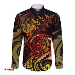 New Zealand Long Sleeve Button Shirt Aotearoa Wisdom Face Maori Fern Tattoo Arty