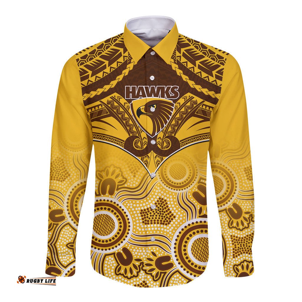 Hawthorn Football Long Sleeve Button Shirt Hawks Aboriginal Mix Polynesian Pattern