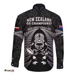 New Zealand Aotearoa Rugby Long Sleeve Button Shirt NZ Tiki With Maori Fern World Cup Black Version