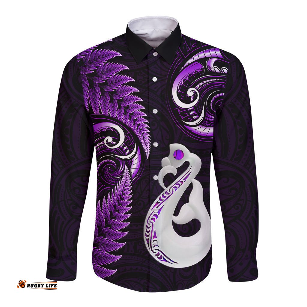 Personalised New Zealand Long Sleeve Button Shirt Aotearoa Silver Fern With Manaia Maori Unique Purple