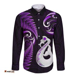 Personalised New Zealand Long Sleeve Button Shirt Aotearoa Silver Fern With Manaia Maori Unique Purple