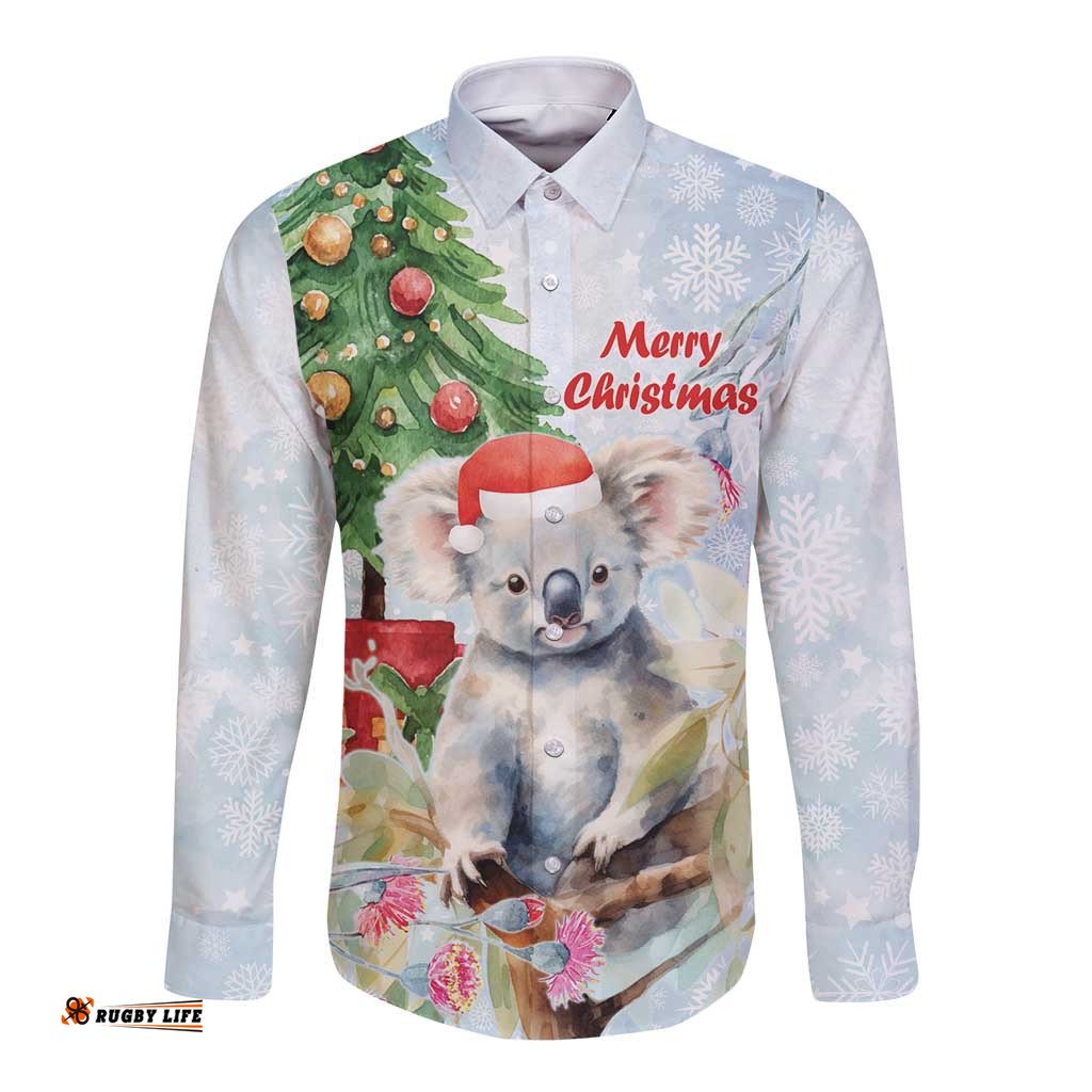 Australia Christmas Long Sleeve Button Shirt Koala Santa With Eucalyptus - Watercolor