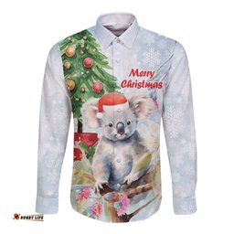 Australia Christmas Long Sleeve Button Shirt Koala Santa With Eucalyptus - Watercolor