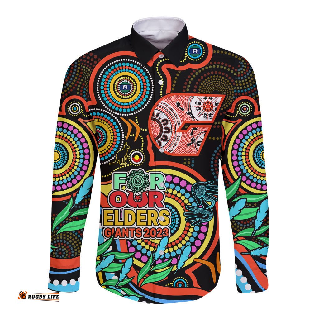 Giants Football Aboriginal Art Long Sleeve Button Shirt NAIDOC Indigenous Tribal