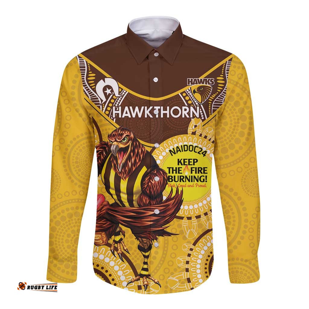 Custom AFL Hawkthorn NAIDOC Week Long Sleeve Button Shirt Keep The Fire Burning Indigenous Art