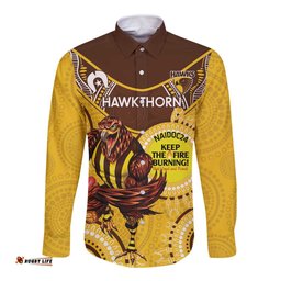 Custom AFL Hawkthorn NAIDOC Week Long Sleeve Button Shirt Keep The Fire Burning Indigenous Art