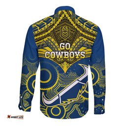 Cowboys Rugby Long Sleeve Button Shirt Aboriginal Mix Polynesian Pattern