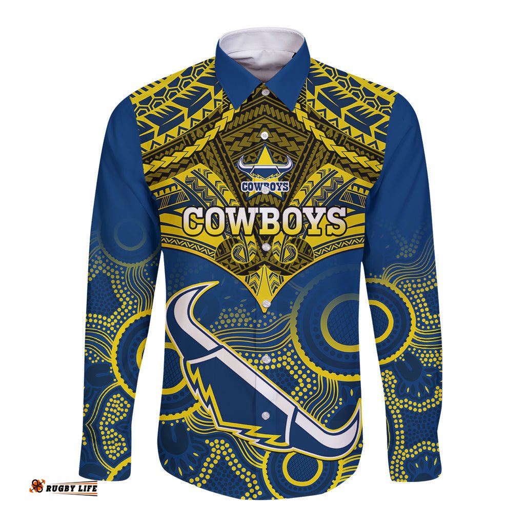 Cowboys Rugby Long Sleeve Button Shirt Aboriginal Mix Polynesian Pattern