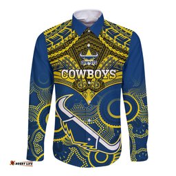 Cowboys Rugby Long Sleeve Button Shirt Aboriginal Mix Polynesian Pattern