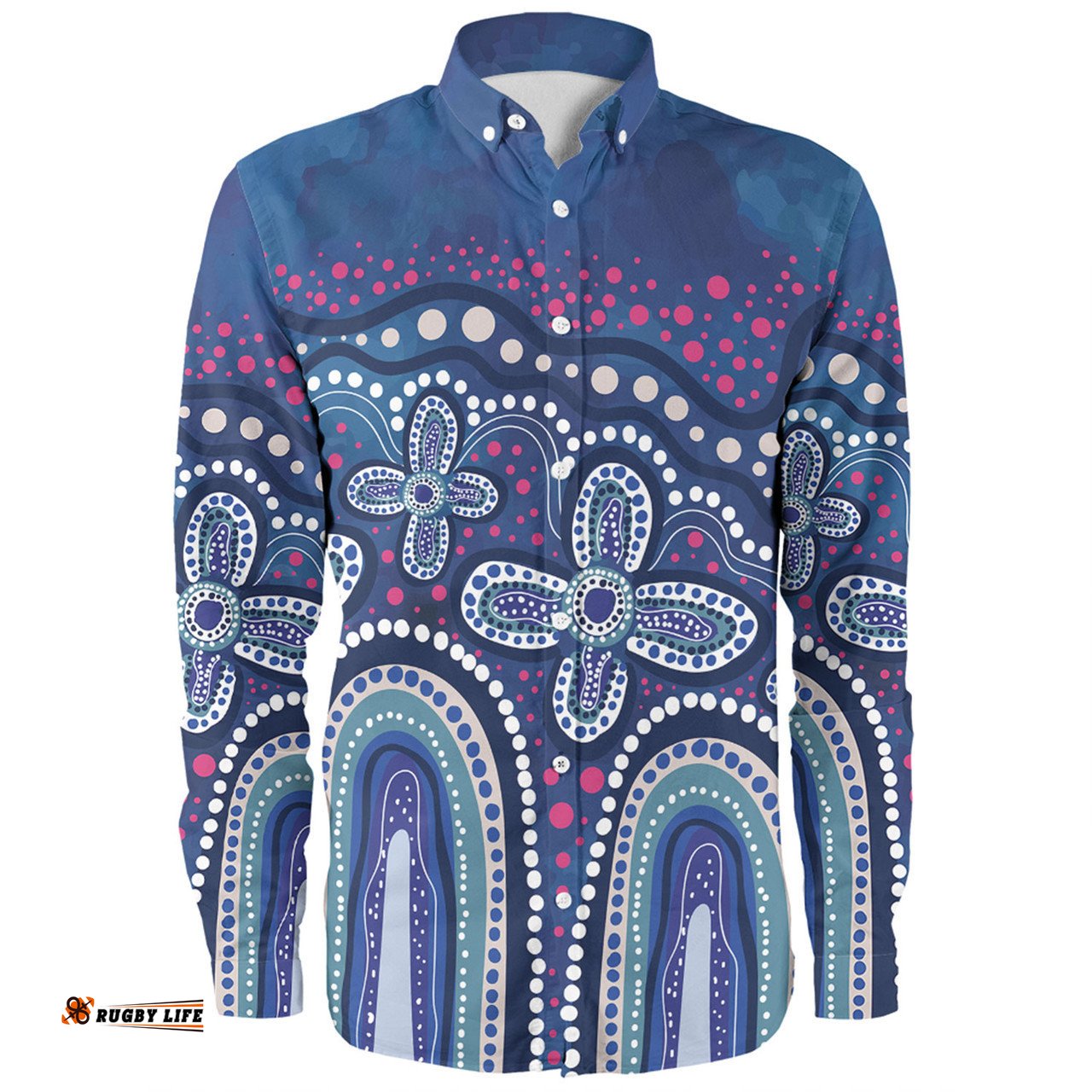 Amazing Aussie Australia Aboriginal Dot painting illustration in Aboriginal style Blue Long Sleeve Shirt
